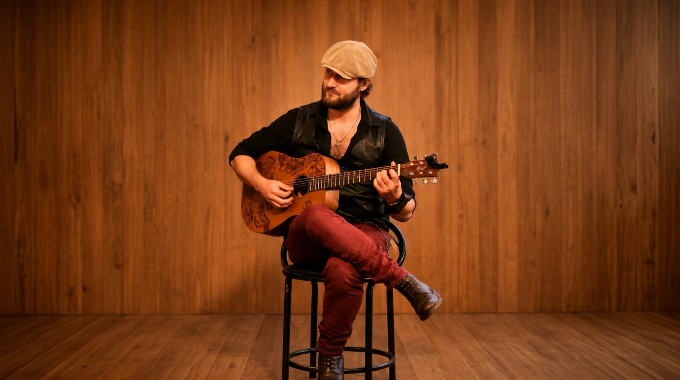 Marty assis avec sa guitare devant un mur de bois chaleureux, aux tons terracotta